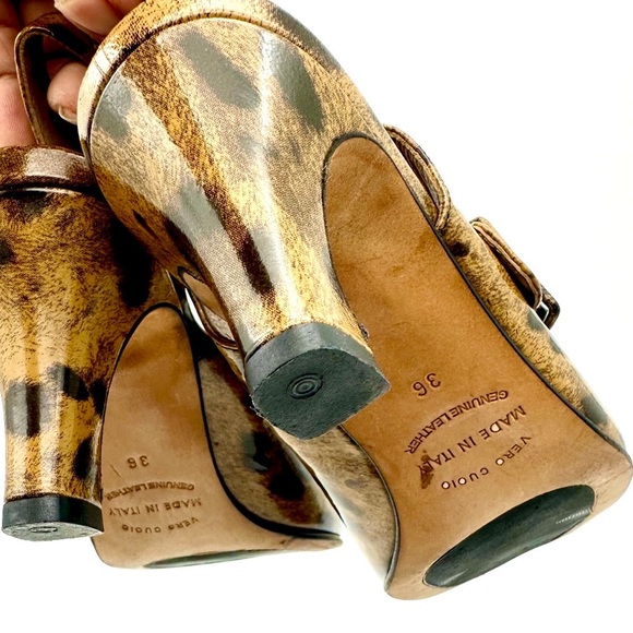 Anyi Lu Leather Animal Print Tulip Buckle Mary Jane Heel Sandals Made in Italy - Picture 7 of 9